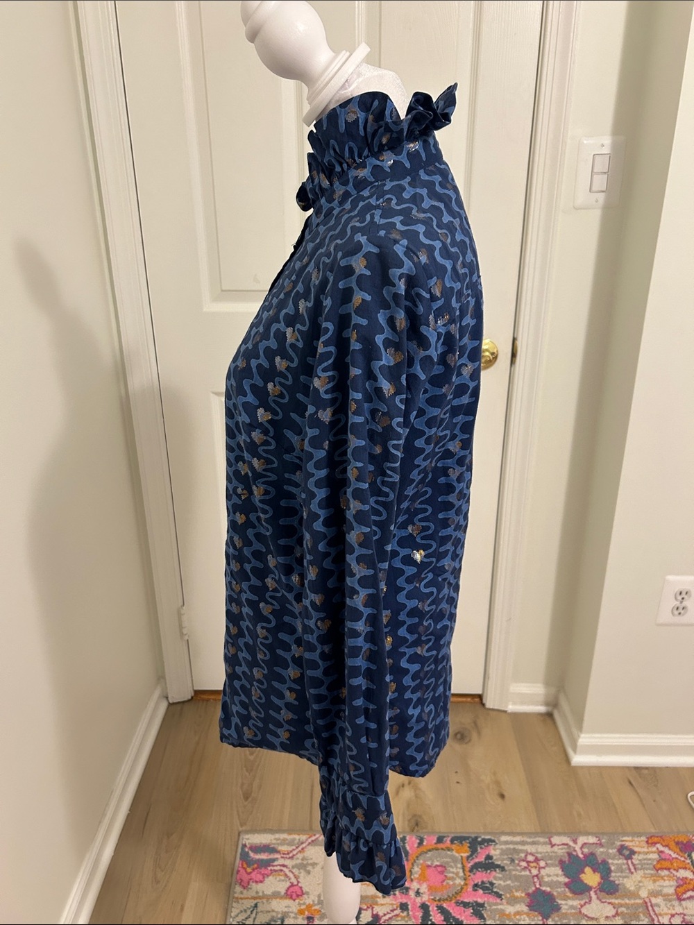 Oliphant Zig Zag Metallic Heart Button Down Cotton Blouse Size Small Nomad Blue - Picture 2 of 7